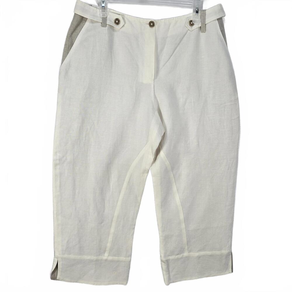 Harve Benard Linen Capri Cream High Waist Trousers Minimalist Coastal Chic SZ 12 - Picture 1 of 9